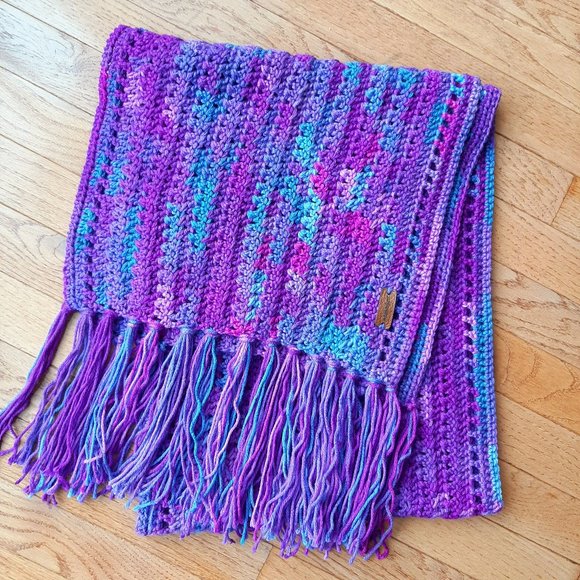 Crochet Purple Teal Shawl Fringe Shoulder Warmer Fireside blanket Patio Wrap - Picture 2 of 3